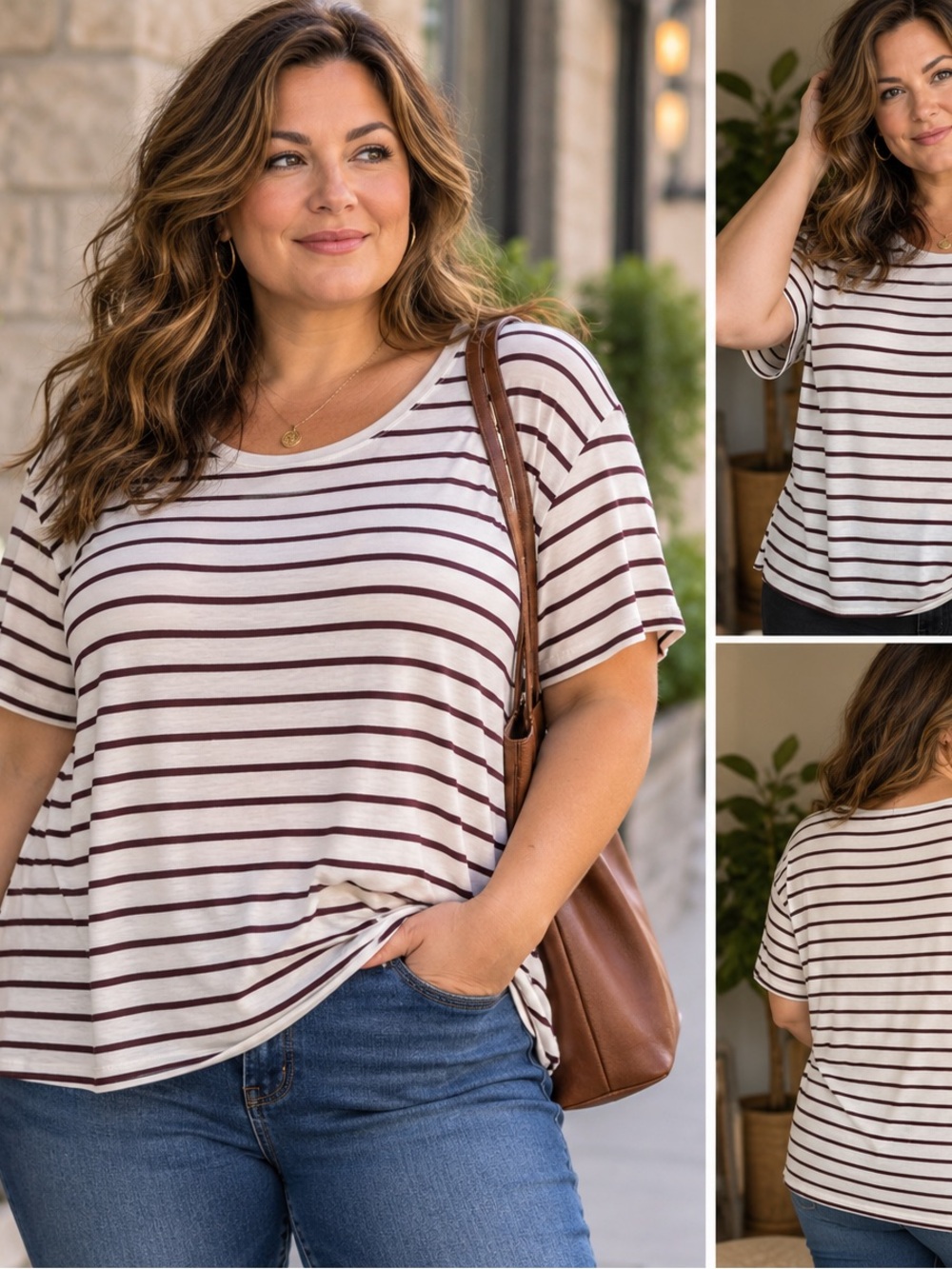 Reitmans Cream Tee with Brown Stripes - Short Sleeve Women's Top